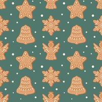 Seamless Christmas pattern with different cute gingerbread cookies. Christmas and New Year background. Holiday design vector