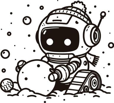 A coloring page with a robot playing with a ball vector