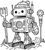 A robot coloring page with a shovel and a fork vector
