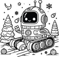 A robot coloring page with a christmas tree and snow vector