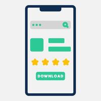 Illustration of a mobile interface with a search bar, star ratings and download buttons. Suitable for presentations, app design and digital marketing. vector
