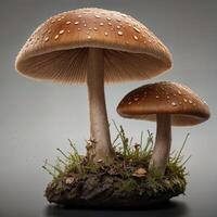 Two mushrooms are standing on top of a mossy stump photo