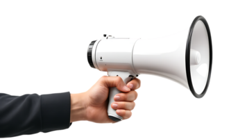 Dynamic depiction of a hand holding a megaphone, great for enhancing visuals related to public speaking and advocacy. png