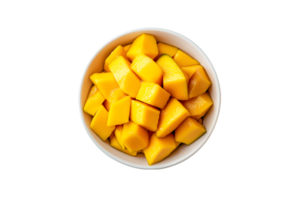 Fresh mango chunks in a bowl isolated on a transparent background png