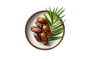 Dates with leaf on a plate isolated on a transparent background png