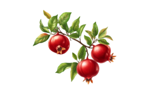 Pomegranate branch with fruits and leaves isolated on a transparent background png