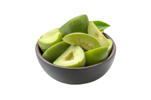 Sliced green guava in a bowl isolated on a transparent background png
