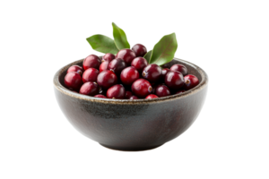 Fresh cranberries in a rustic bowl with leaves isolated on a transparent background png
