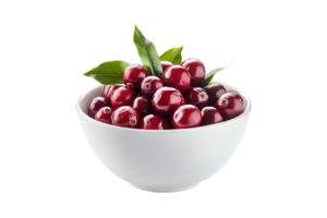 Fresh cranberries with green leaves in a white bowl isolated on a transparent background png