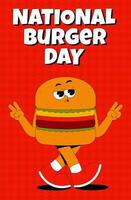 Poster with funky walking burger character in retro groovy style. National Burger Day concept holiday. Psychedelic background and poster vector