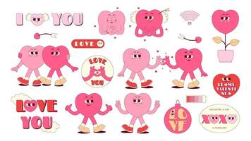 Retro groovy stickers set for Happy Valentines Day. Lovely and funky characters in shape of heart in trendy retro 60s 70s style. Love elements on transparent background vector
