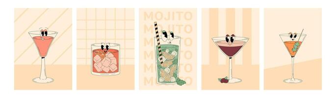 Set groovy characters cocktails with emotion. Retro summer posters with popular alcoholic beverage and empty space. Vintage illustration vector