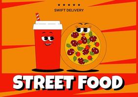 Horizontal banner with funky round pizza and drink cola character in retro groovy style. Delivery, cafe, street food restaurant. Vintage illustration vector