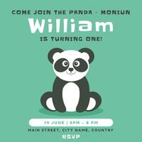 Greeting and invitation for kids first Birthday party. Cute baby panda in flat childrens style. illustration, design for card, poster, event, prints vector