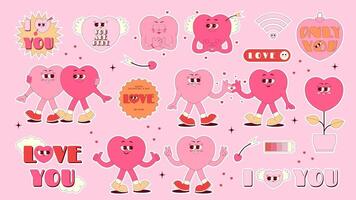 Retro groovy stickers set for Happy Valentines Day. Lovely and funny heart characters in trendy retro 70s 80s style. Love elements on pink background vector