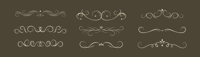 Set of decorative swirls divider. Collection of calligraphic objects for wedding invitation, greeting card, book divider, certificate design. vintage border elements on brown background vector