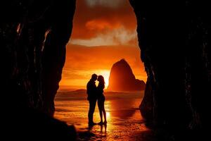 couple on the beach at sunset, love valentine concept. photo