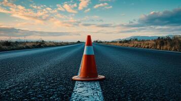 An orange and white traffic cone rests on an asphalt road. photo