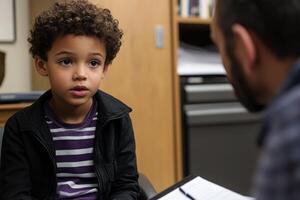 a boy talks to psychologist during counselling session with white shades. photo