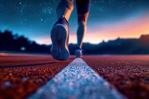 Sports man running on track while raining photo