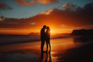 Perfect scene for Valentines Day with the silhouette of kissing on the beach with beautiful sunset in background. photo
