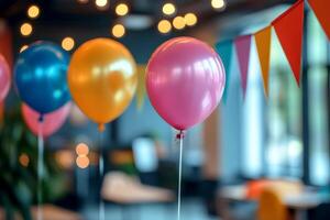 A bunch of colorful balloons in a modern office space with blurred triangle flag background. photo