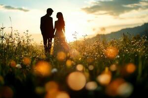 rose flowers with sweet couple on rose field for background. photo