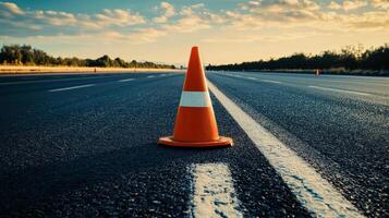 An orange and white traffic cone rests on an asphalt road. photo