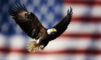 Majestic bald eagle spreads its wings, set against a patriotic American flag background with stars and stripes, symbolizing freedom and strength in a stylized illustration. photo