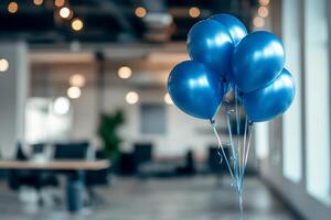 Abstract background featuring a blurred office interior decorated with blue balloons. blue Monday concept. photo