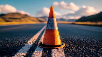 An orange and white traffic cone rests on an asphalt road. photo