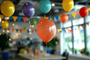 A bunch of colorful balloons in a modern office space with blurred triangle flag background. photo