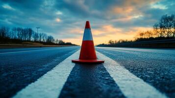 An orange and white traffic cone rests on an asphalt road. photo