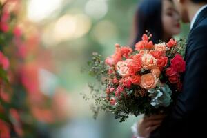 rose flowers with sweet couple on rose field for background. photo