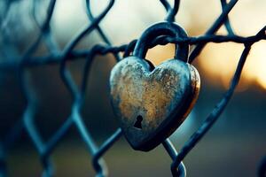 Valentine heart padlock attached to wire mesh fence. photo