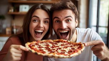 A cheerful man and woman is holding a pepperoni pizza, giving a warm and cozy kitchen vibe. photo