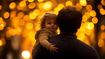 Father carrying child on bokeh isolated background. photo