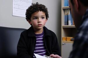 a boy talks to psychologist during counselling session with white shades. photo