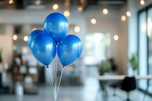 Abstract background featuring a blurred office interior decorated with blue balloons. blue Monday concept. photo