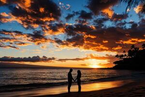 Perfect scene for Valentines Day with the silhouette of a couple holding hands at sunset . photo