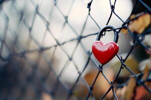 Valentine heart padlock attached to wire mesh fence. photo