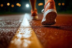 Sports man running on track while raining photo