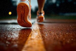 Sports man running on track while raining photo