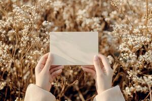 Hand holding printed greeting card mock up, blank empty postcard isolated on natural flower background photo
