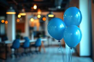 Abstract background featuring a blurred office interior decorated with blue balloons. blue Monday concept. photo