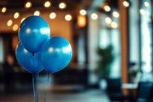 Abstract background featuring a blurred office interior decorated with blue balloons. blue Monday concept. photo