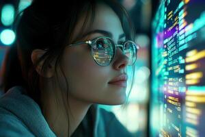 A female programmer typing source codes with a relaxing working environment. Studying, Working, Technology, Freelance Work, Web Design Business, and Web Development Concept. photo