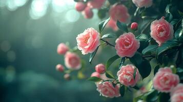 camellia pink flowers sunny morning natural light for copy text space in valentine concept. photo