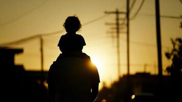 The son is sitting on the father's shoulders and they are looking on the sunset in the field. photo
