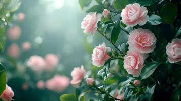 camellia pink flowers sunny morning natural light for copy text space in valentine concept. photo